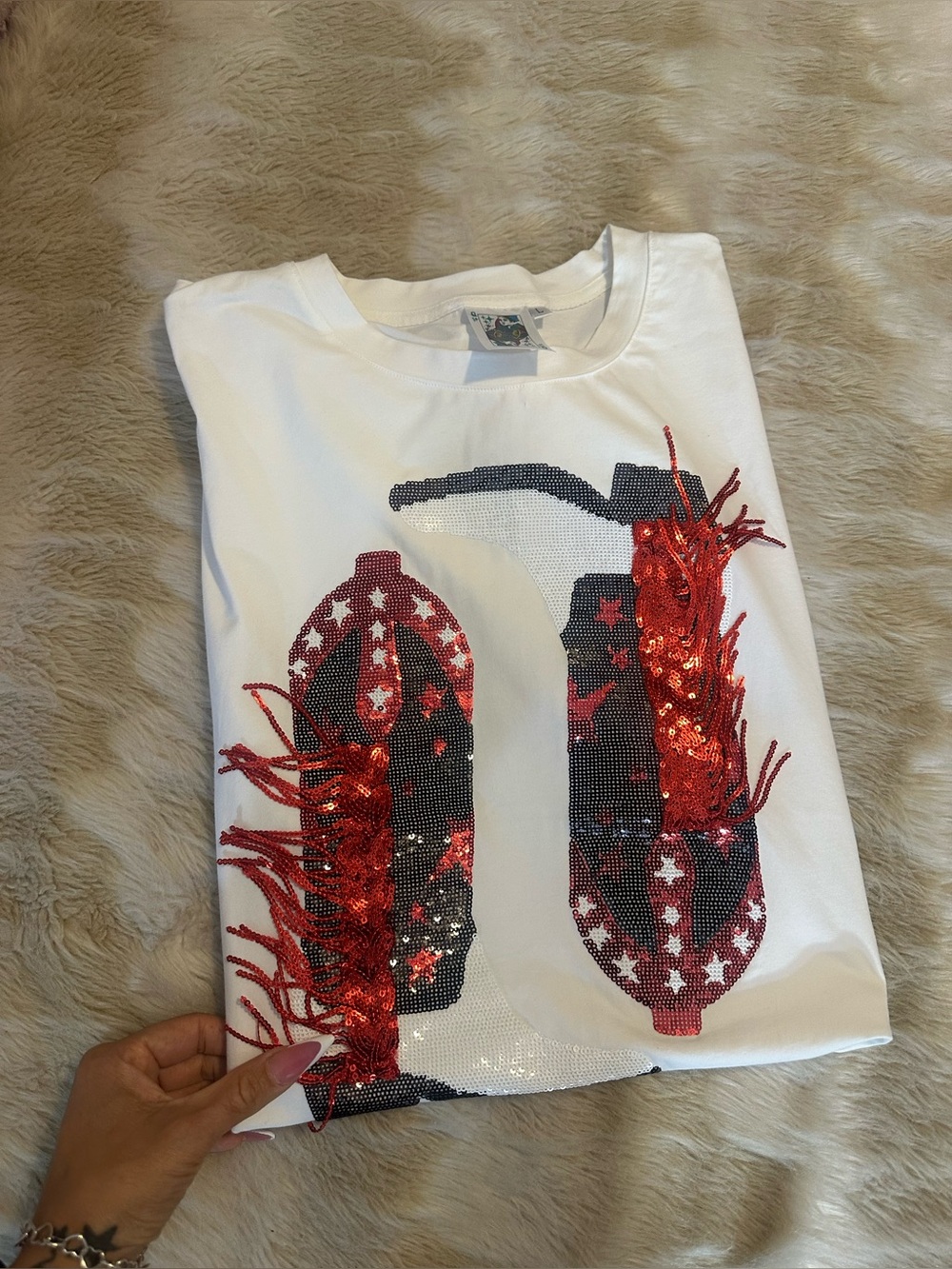 QUEEN OF SPARKLES White Tee with Red & Black Sequin Flip Design